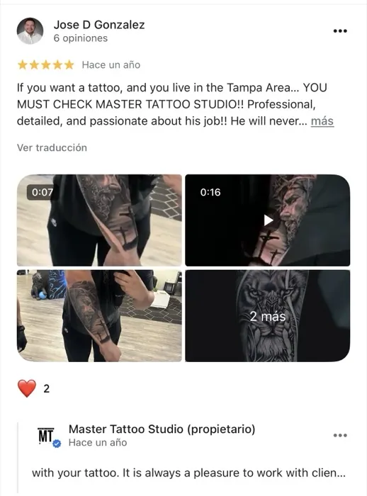 Google review for Master Tattoo Studio, Tampa