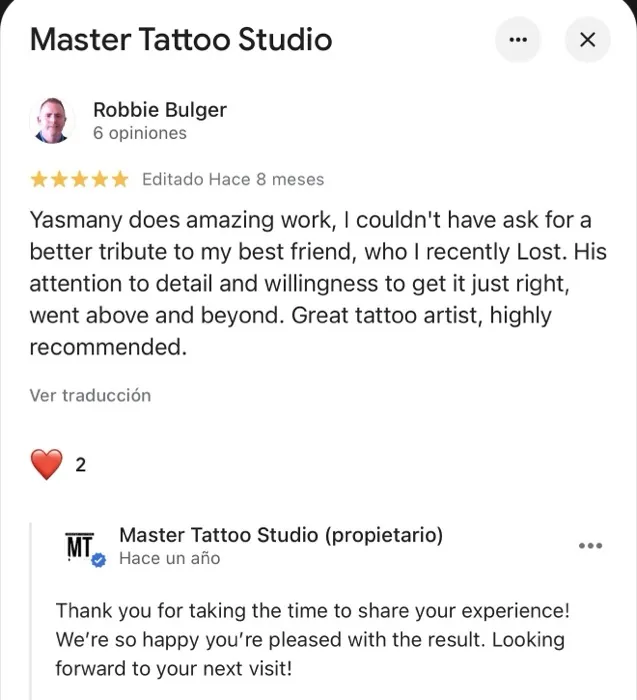 Google review for Master Tattoo Studio, Tampa